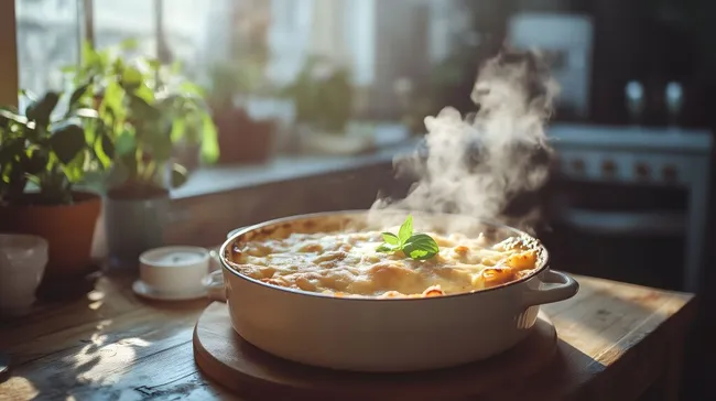 Dampfend heißer Nudelauflauf mit grünen Kräutern