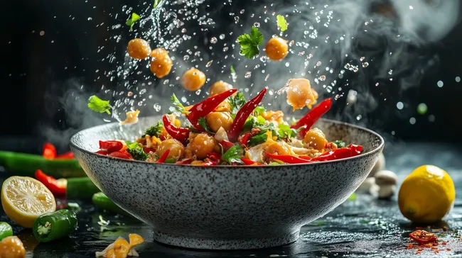 Dampfende asiatische Gemüsepfanne mit roten Chilischoten