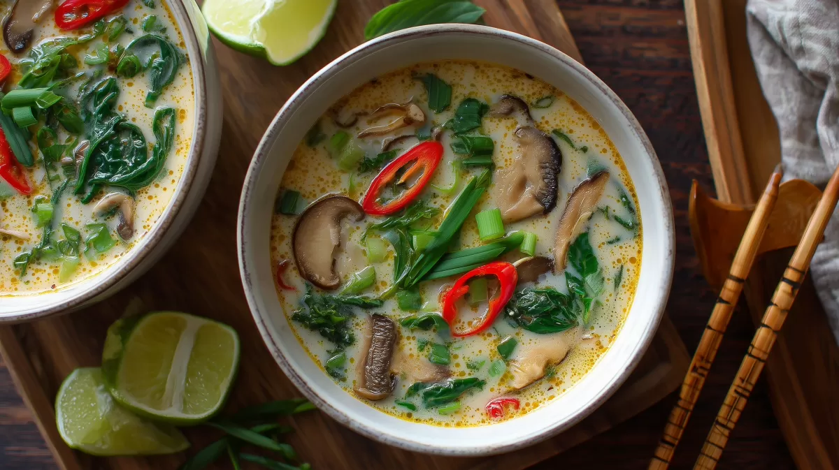 Dampfende asiatische Gemüsesuppe mit Pilzen und Chili