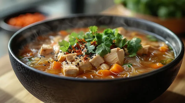 Dampfende asiatische Hühnersuppe mit Glasnudeln und Koriander