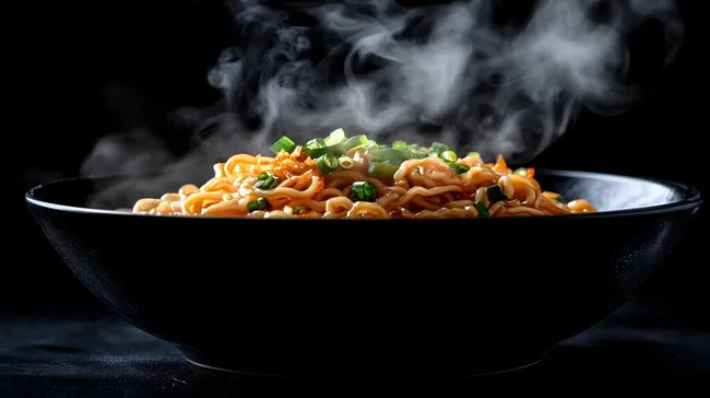 Dampfende asiatische Nudelschüssel mit Gemüse