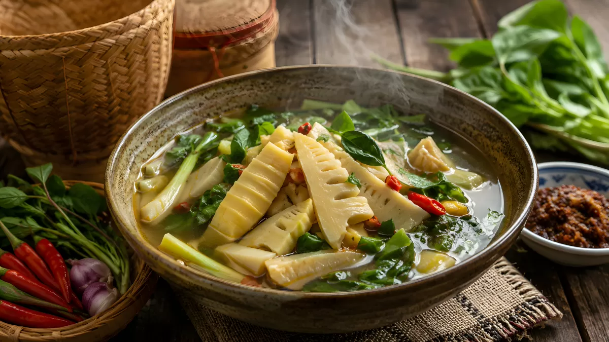 Dampfende Bambussprossen-Suppe mit frischen Kräutern