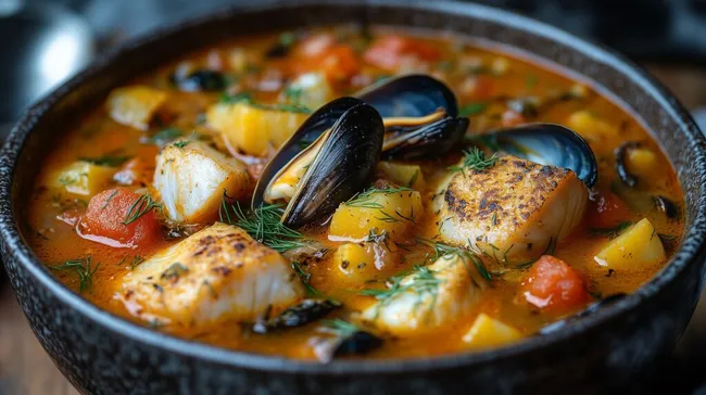 Dampfende Bouillabaisse mit Meeresfrüchten und Gewürzen