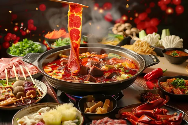 Dampfende Chinesische Hotpot-Spezialität mit frischen Zutaten