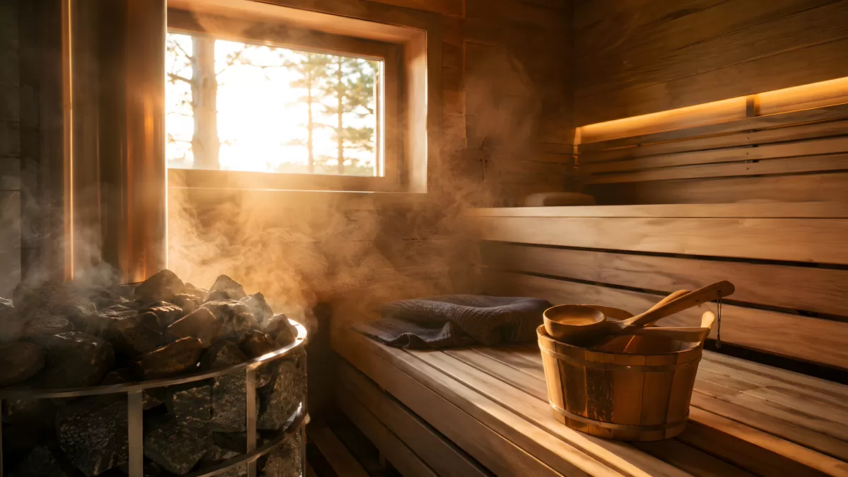 Dampfende Finnische Sauna mit Holzofen und Aufgusskübel