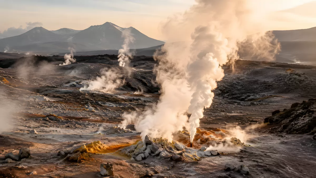 Dampfende Fumarolen in vulkanischer Hochlandlandschaft