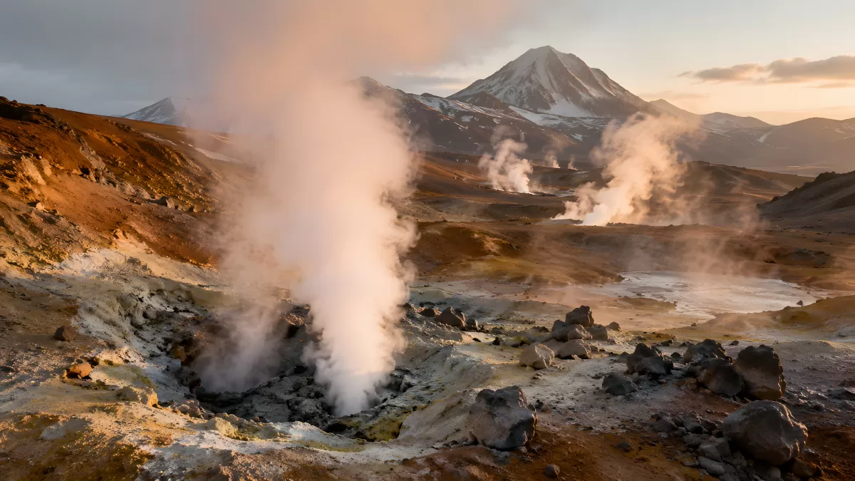Dampfende Fumarolen in vulkanischer Landschaft bei Sonnenuntergang