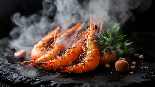 Dampfende Garnelen mit Kräutern auf Schieferplatte