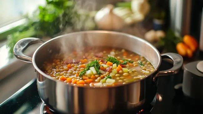 Dampfende Gemüsesuppe in Kupfertopf
