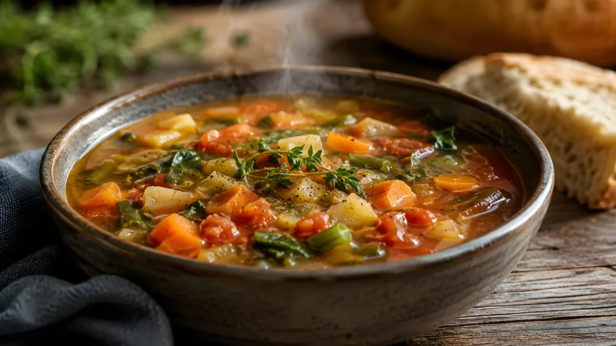 Dampfende Gemüsesuppe in rustikaler Keramikschüssel