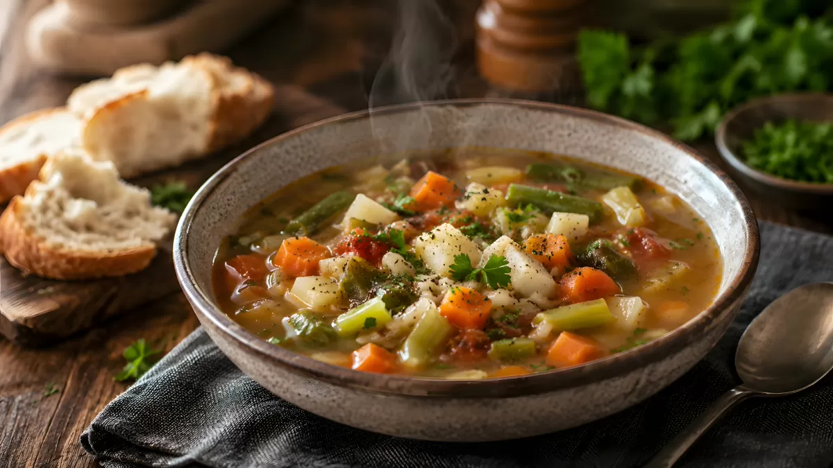 Dampfende Gemüsesuppe mit Brot auf Holztisch