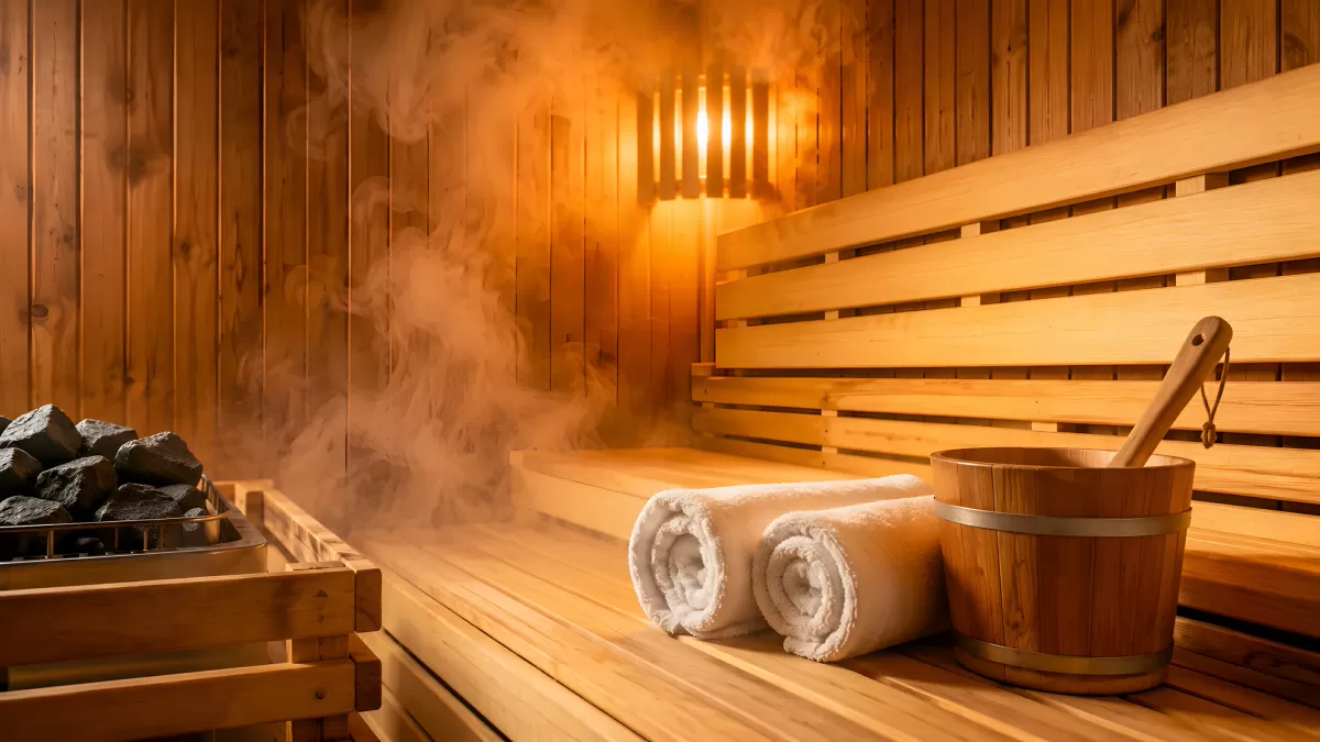 Dampfende Holzsauna mit Aufgusssteinen und Handtüchern