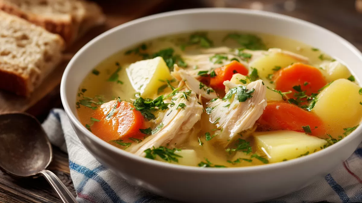 Dampfende Hühnersuppe mit Kartoffeln und Gemüse