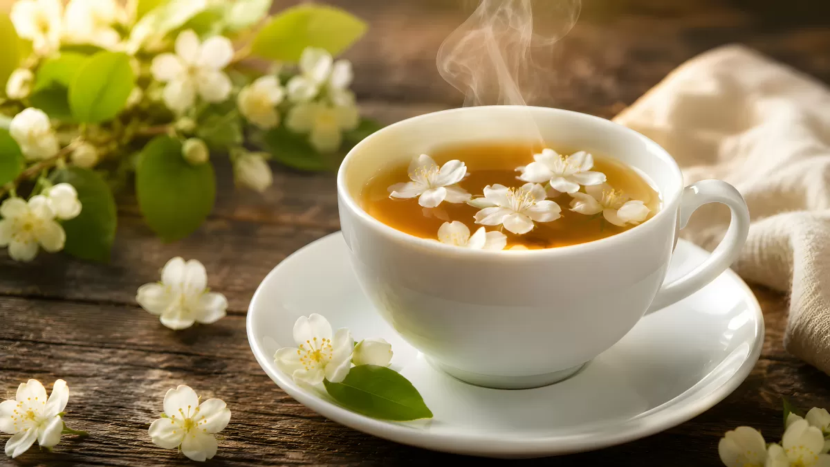 Dampfende Jasmintee-Tasse mit weißen Blüten