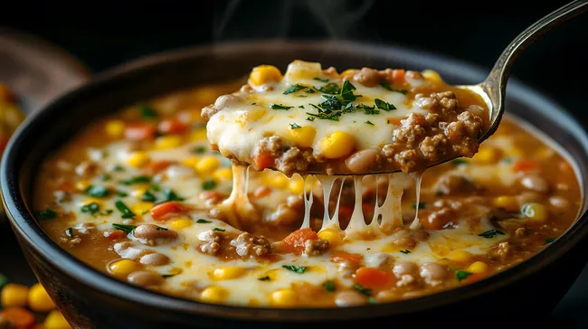 Dampfende Käse-Chili-Suppe mit Mais und Hackfleisch