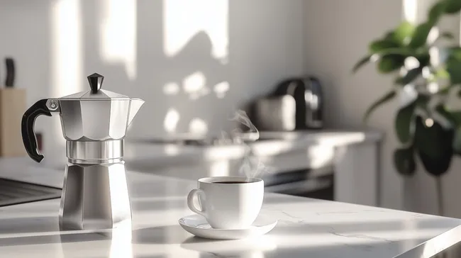 Dampfende Kaffeepause in heller Küche