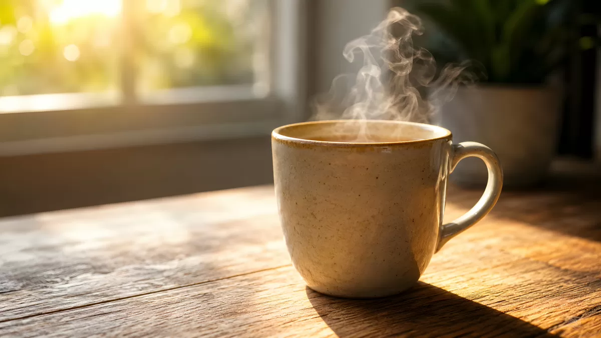 Dampfende Kaffeetasse im warmen Morgenlicht