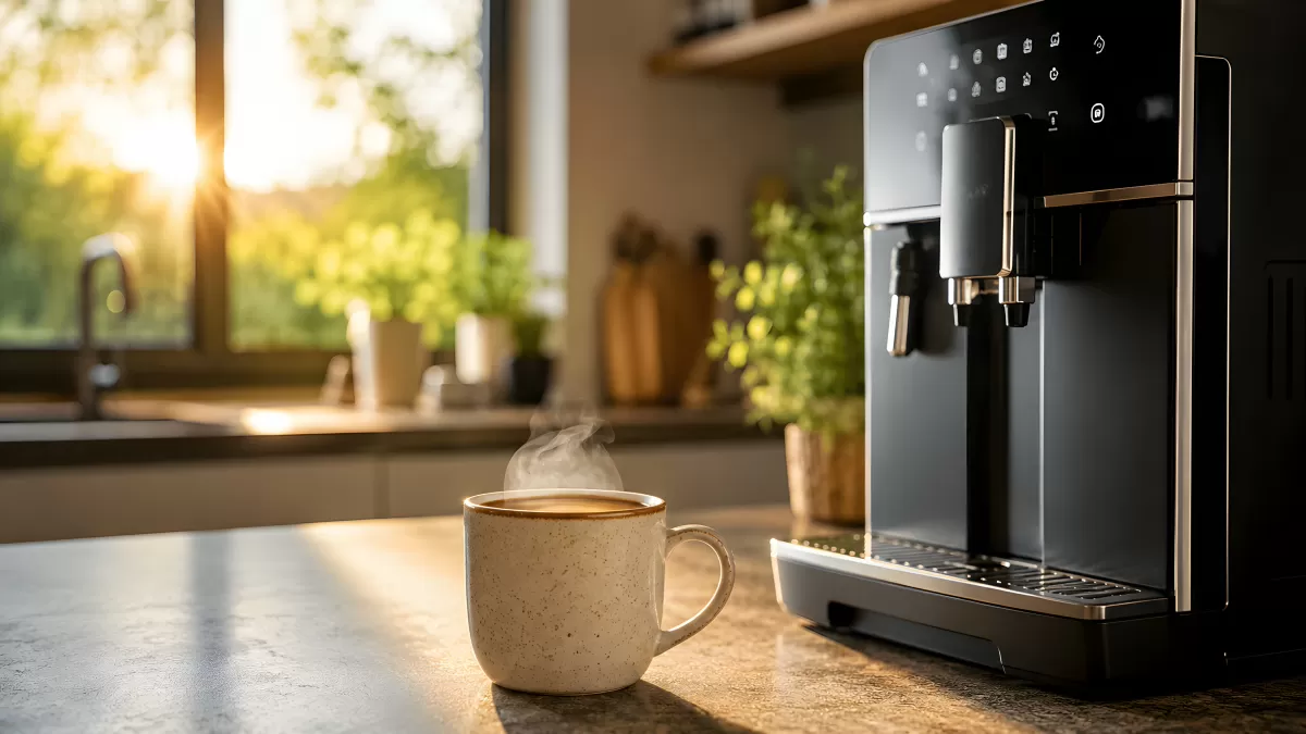 Dampfende Kaffeetasse neben modernem Kaffeevollautomaten