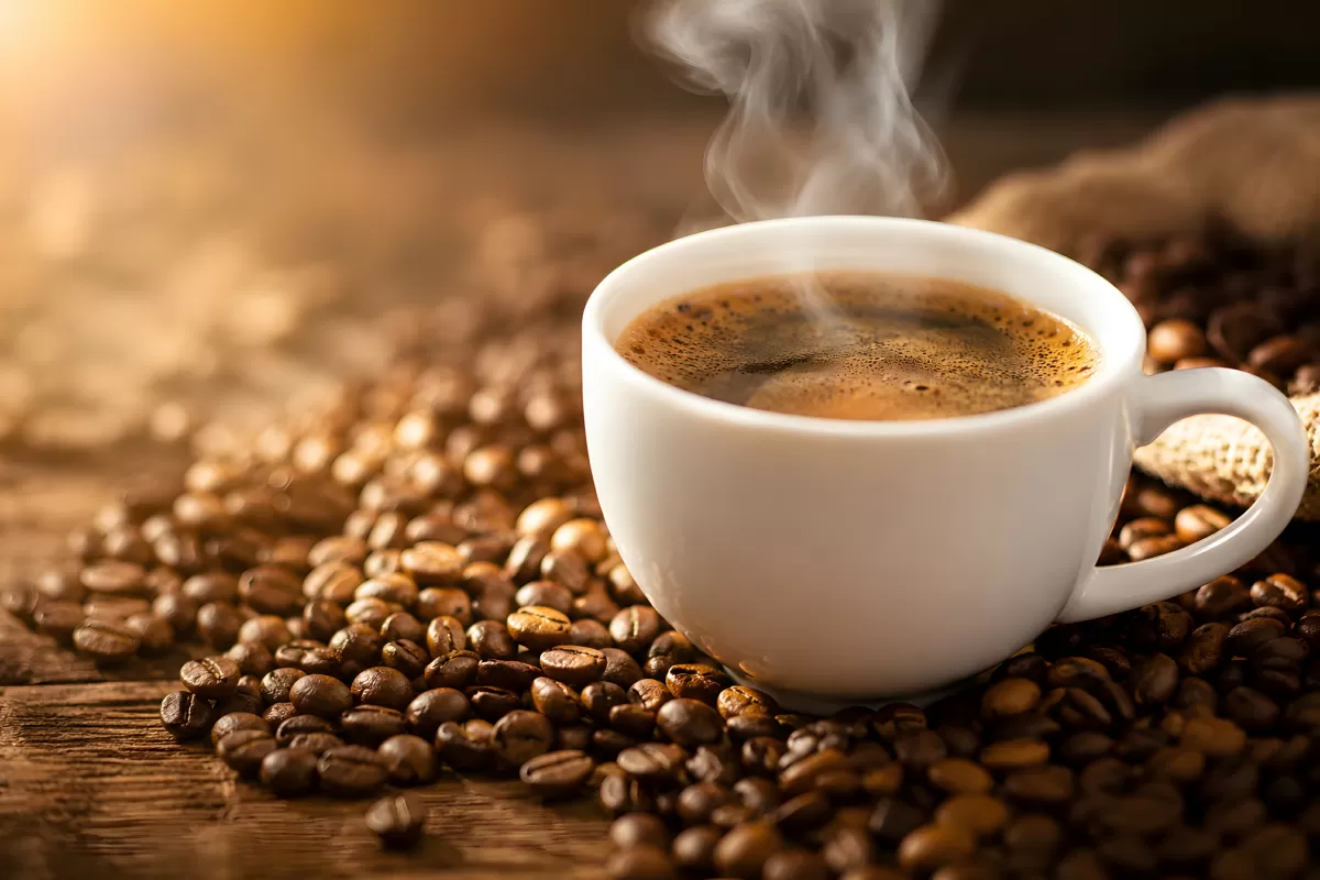 Dampfende Kaffeetasse umgeben von Kaffeebohnen