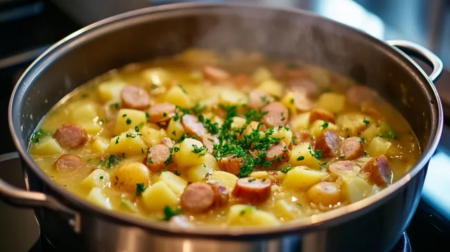 Dampfende Kartoffel-Wurst-Suppe in moderner Küche
