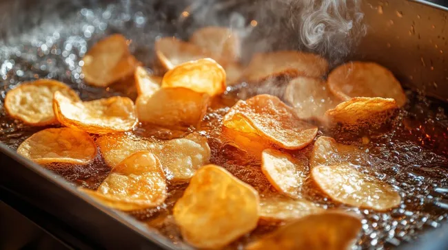 Dampfende Kartoffelchips in heißer Fritteuse