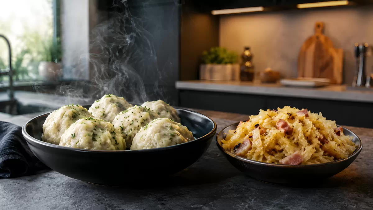 Dampfende Kartoffelklöße mit Sauerkraut in schwarzen Schalen