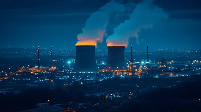 Dampfende Kühltürme eines Atomkraftwerks bei Nacht