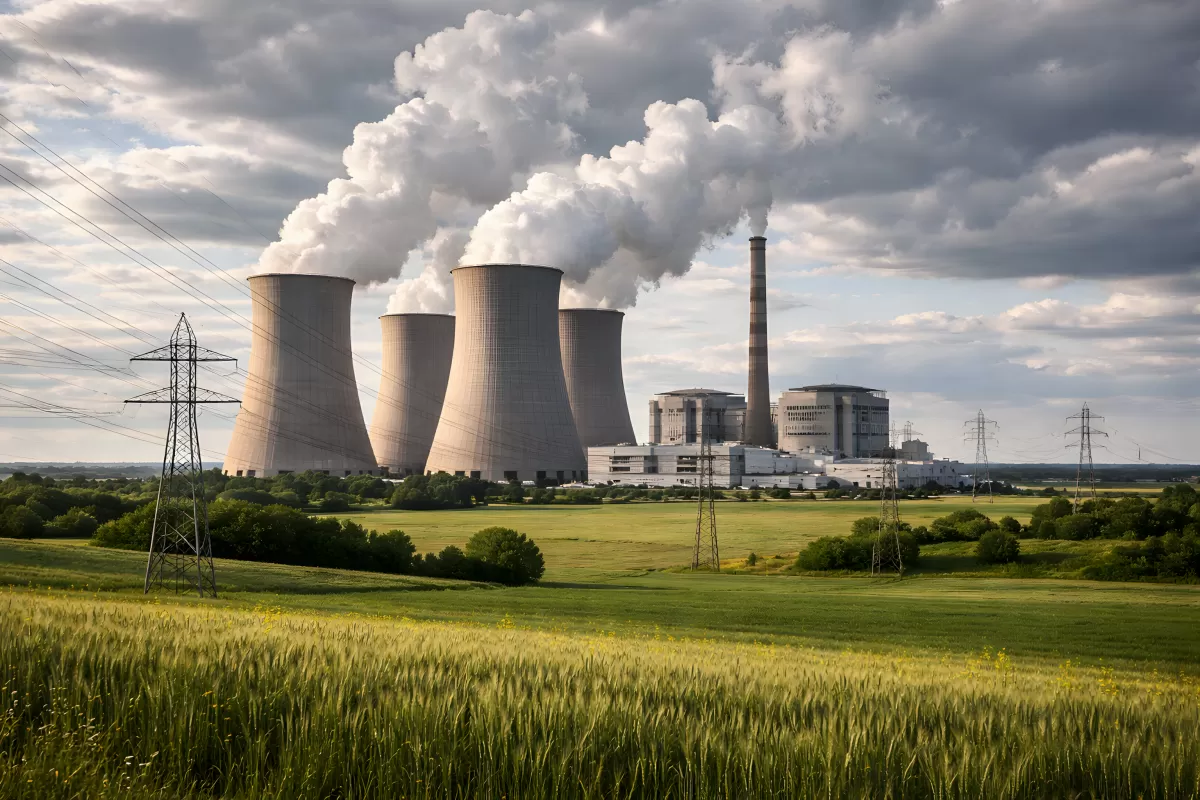 Dampfende Kühltürme eines Atomkraftwerks im ländlichen Umfeld