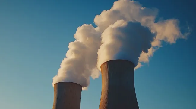 Dampfende Kühltürme eines Kernkraftwerks am Himmel