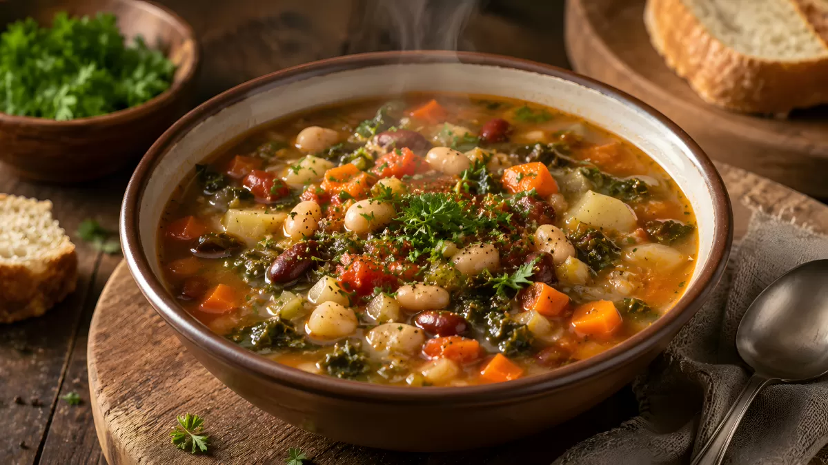 Dampfende Minestrone mit weißen Bohnen und Grünkohl