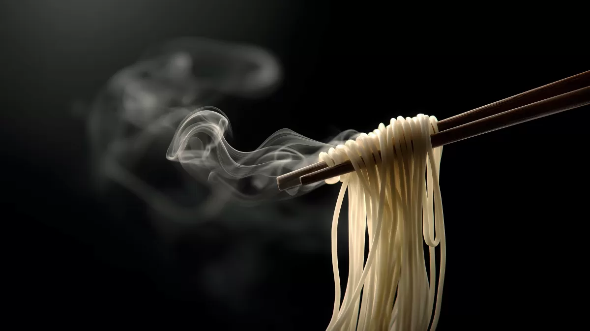 Dampfende Nudelportionen mit Essstäbchen auf dunkler Oberfläche