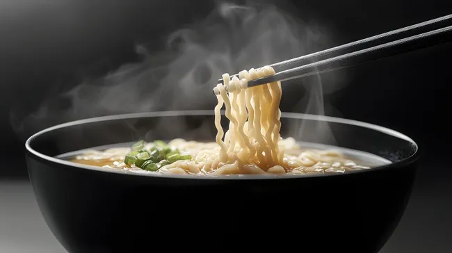 Dampfende Nudelsuppe mit Gemüse in schwarzer Schüssel