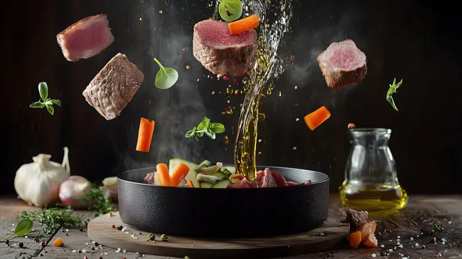 Dampfende Pfanne mit fliegenden Zutaten für leckeres Gericht