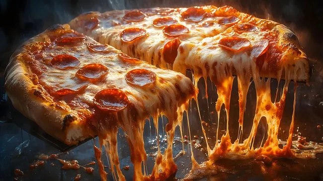 Dampfende Pizzascheibe mit reichlich Käse und knuspriger Kruste