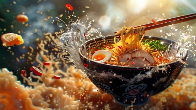 Dampfende Ramen-Nudelsuppe mit Eiern und Gemüse