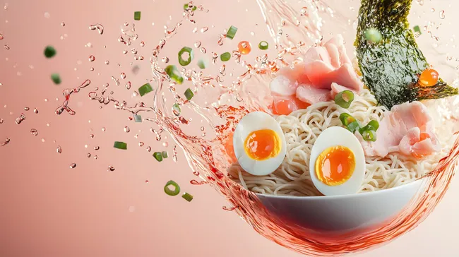Dampfende Ramen-Schale mit rohen Eiern und Lachsstreifen