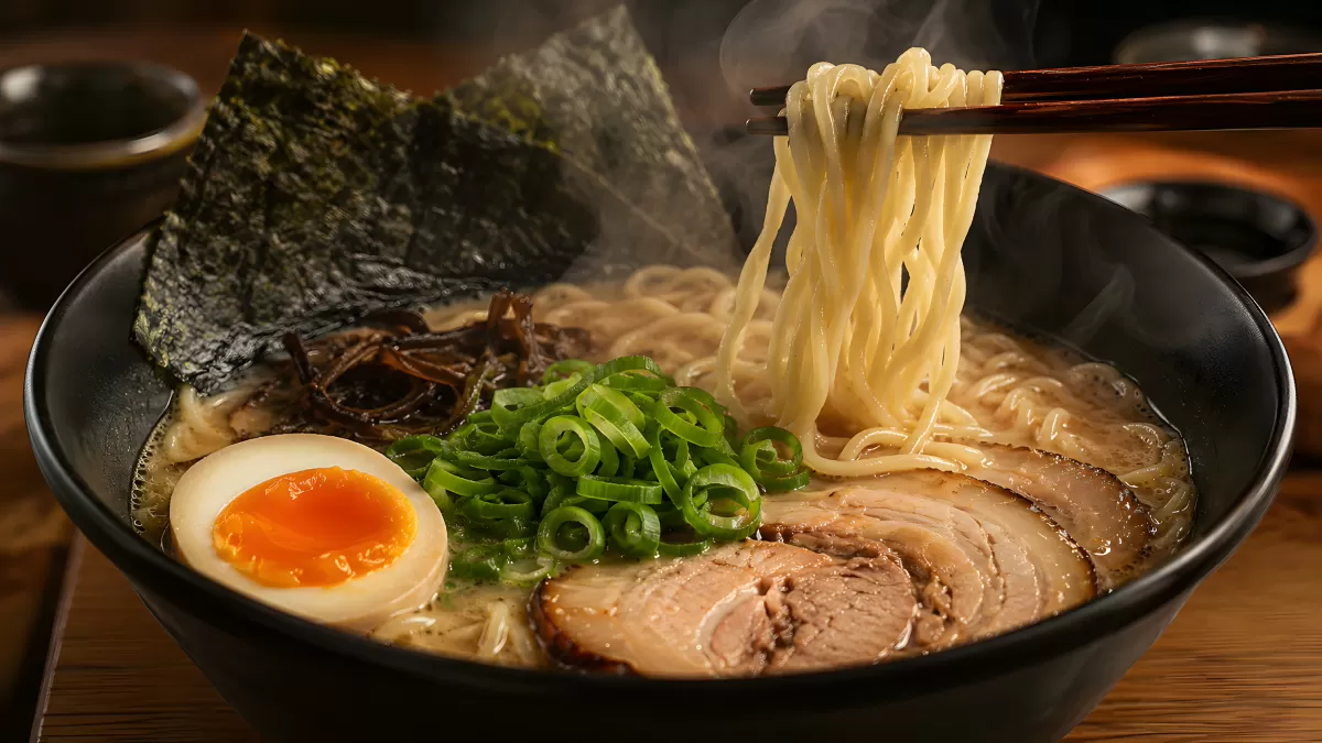 Dampfende Ramen-Schüssel mit Chashu und Wachtelei