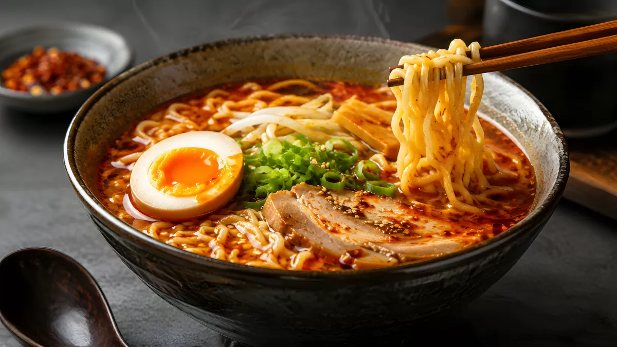 Dampfende Ramen-Schüssel mit Ei und Chashu-Schweinefleisch