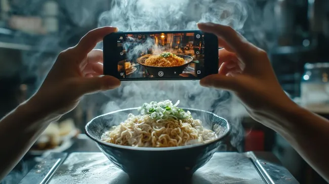 Dampfende Ramen-Schüssel wird fotografiert