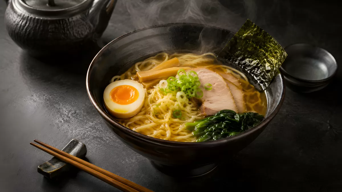 Dampfende Ramen-Suppe mit Ei und Chashu-Schweinefleisch