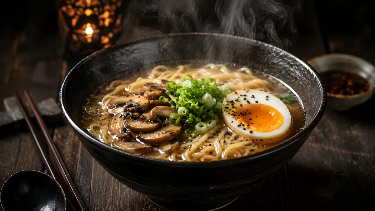 Dampfende Ramen-Suppe mit Shiitake und weichem Ei