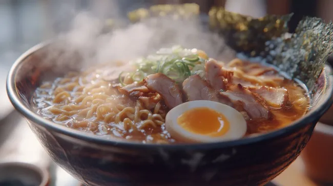 Dampfende Schale japanischer Ramen-Nudelsuppe