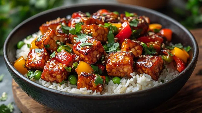 Dampfende Schale mit würzigem Tempeh-Gericht