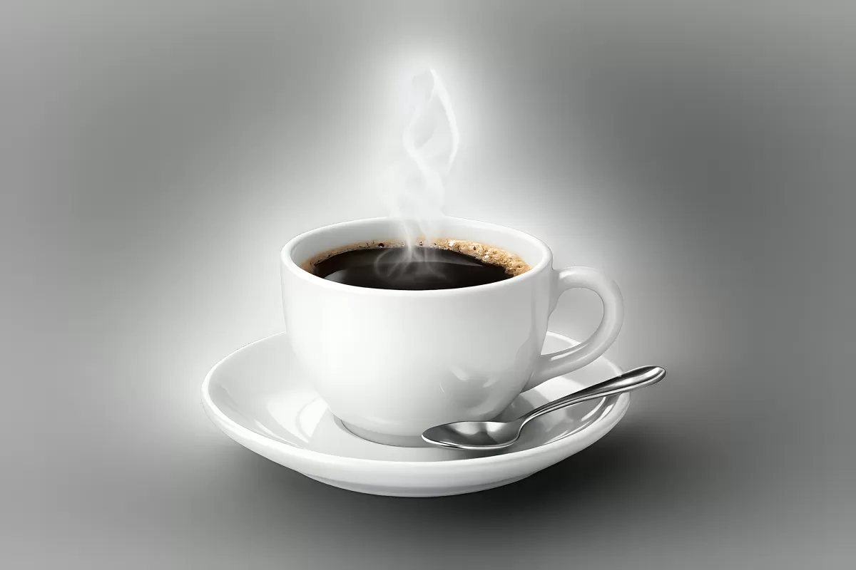 Dampfende schwarze Kaffeetasse auf weißem Unterteller