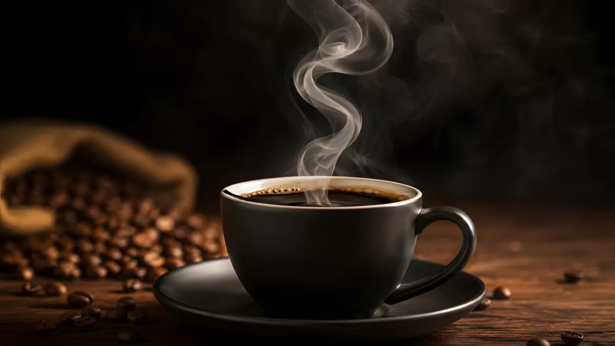 Dampfende schwarze Kaffeetasse mit Kaffeebohnen