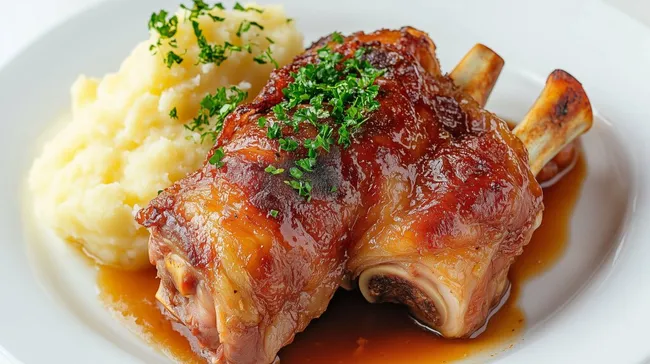 Dampfende Schweinshaxe mit knuspriger Kruste und Kartoffelpüree
