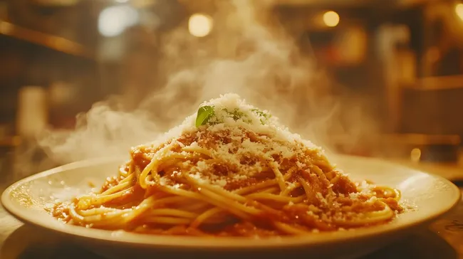 Dampfende Spaghetti-Bolognese mit Parmesan