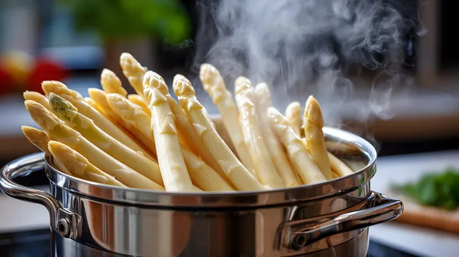 Dampfende Spargelstangen in Edelstahltopf