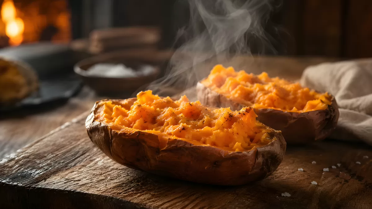 Dampfende Süßkartoffeln frisch aus dem Ofen