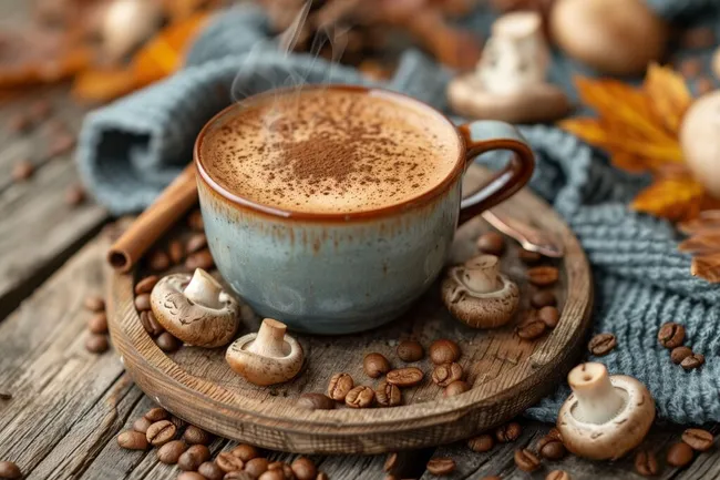 Dampfende Tasse Kaffee mit herbstlichen Dekorationen